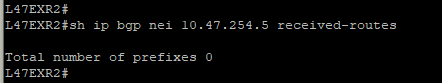Output of "show ip bgp neighbor x.x.x.x received-routes" which confirms we are not receiving any prefix.