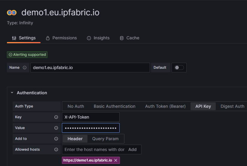 Infinity Datasource configuration.