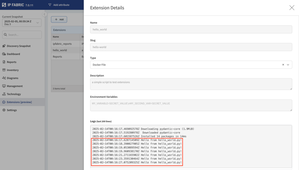 Results after running a custom extension in IP Fabric 7.0.