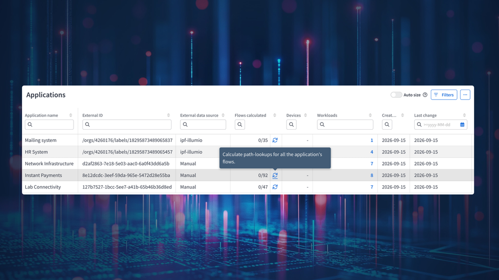 Screenshot of an application to infrastructure mapping overview table in IP Fabric, including each app's external data source (e.g. Illumio), devices, workloads, and more.